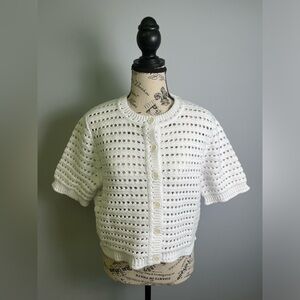 J.Crew Short-sleeve pointelle cardigan sweater Size L White